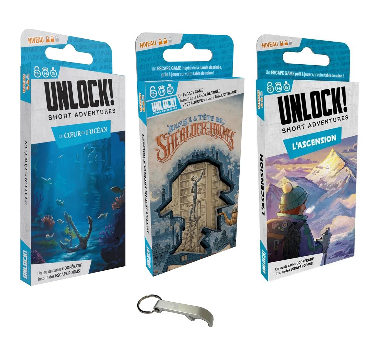 Zestaw 3 Unlock Short Adventures The Ascension + Serce Oceanu + w głowie Sherlocka Holmesa + 1 otwieracz do butelek - gra planszowa - od 1 do 6 graczy - 30 minut